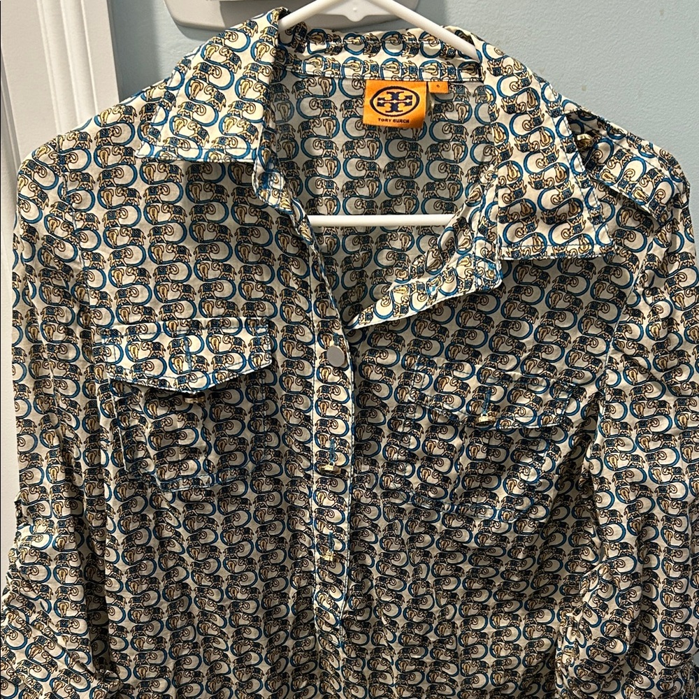 Women Tory Burch Burch Blue and Cream Patterned Shirt